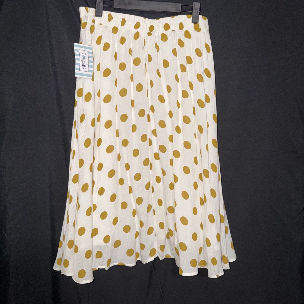 Tulip B Womens XL Polka Dot Midi Skirt White Mustard Yellow Elastic Pockets